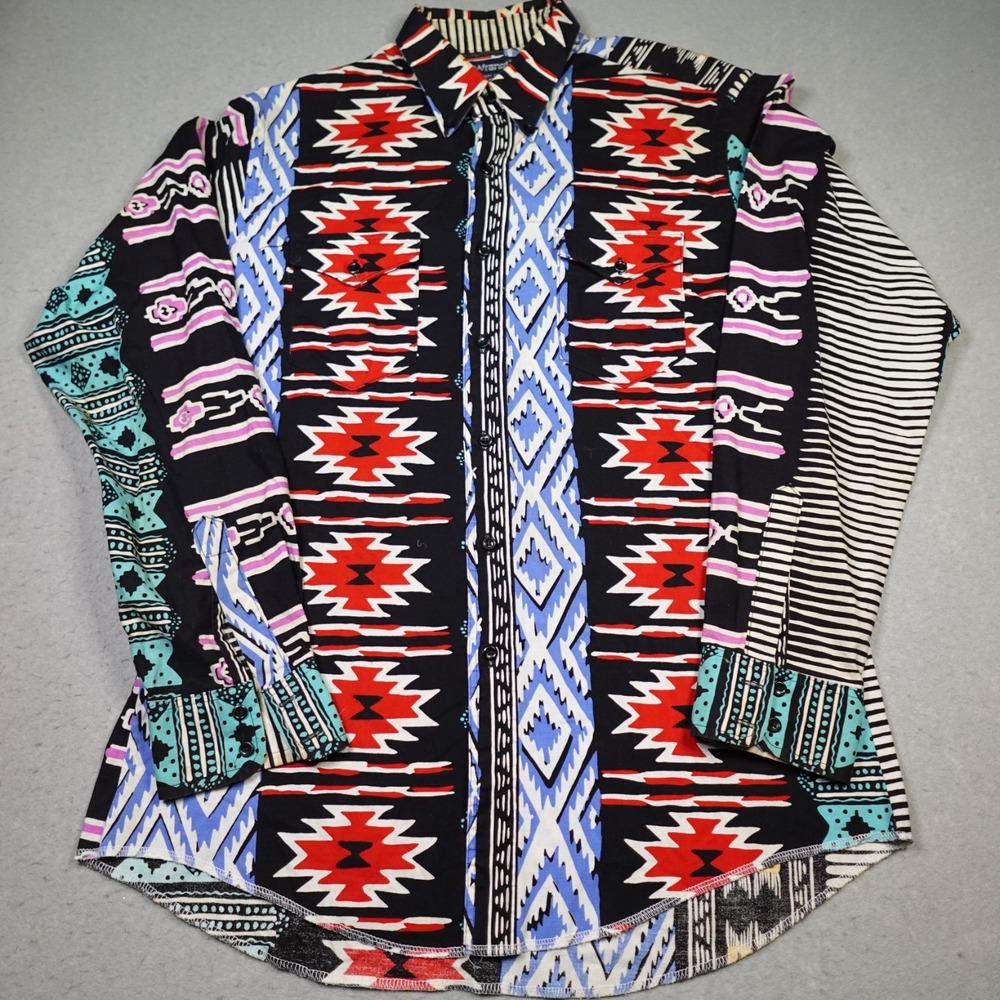 Vintage Wrangler Shirt Mens 16.5 x 35 Brushpopper Cowboy Aztec X Long Tails 90s